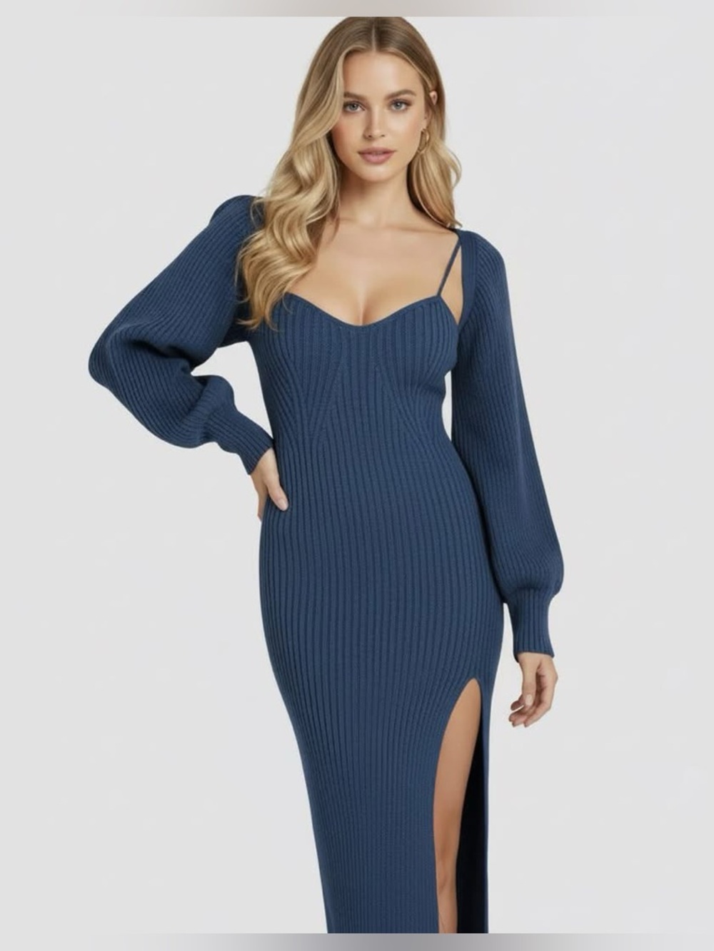 CIDER KNIT SOLID BLUE CAMI SPLIT MIDI DRESS & SHRUG XS nwt